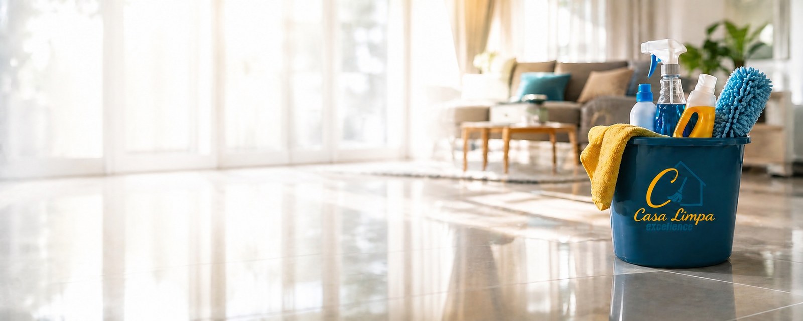 Balde Casa Limpa Excellence com produtos de limpeza num espaço luminoso